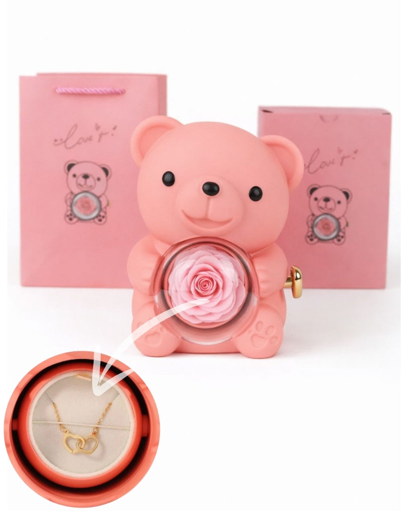Ours Rose Éternelle et son Collier de Cœur Personnalisé