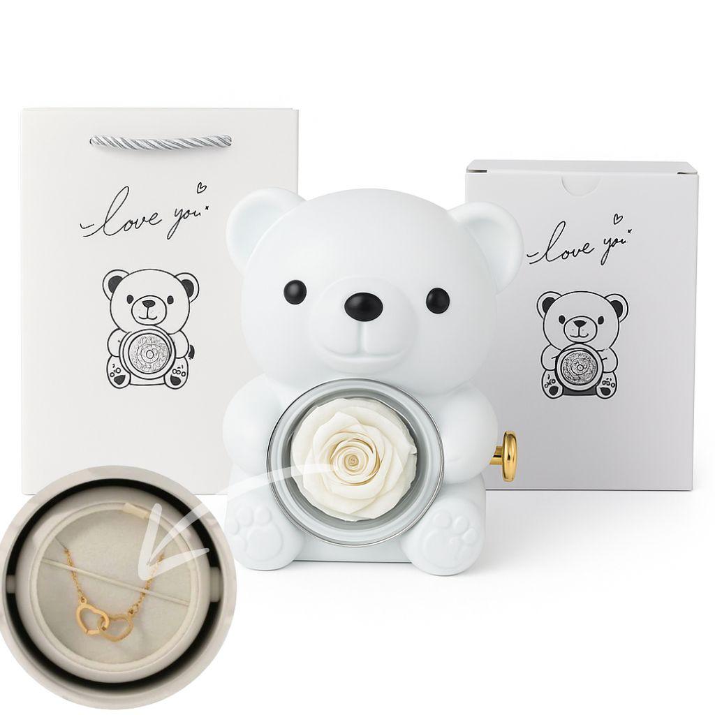 Ours Rose Éternelle et son Collier de 2 cœur lié