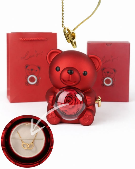 Ours Rose Éternelle et son Collier de Cœur Personnalisé