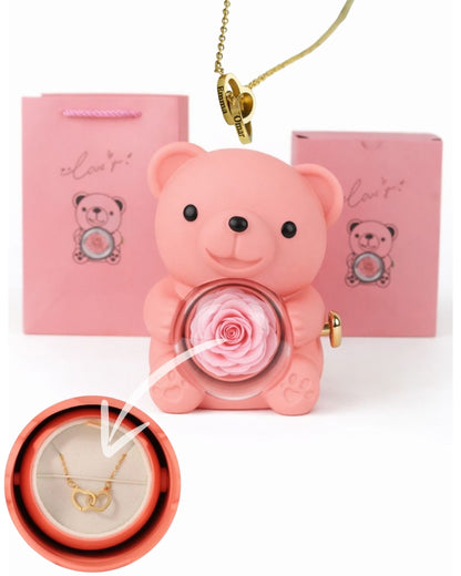 Ours Rose Éternelle et son Collier de Cœur Personnalisé
