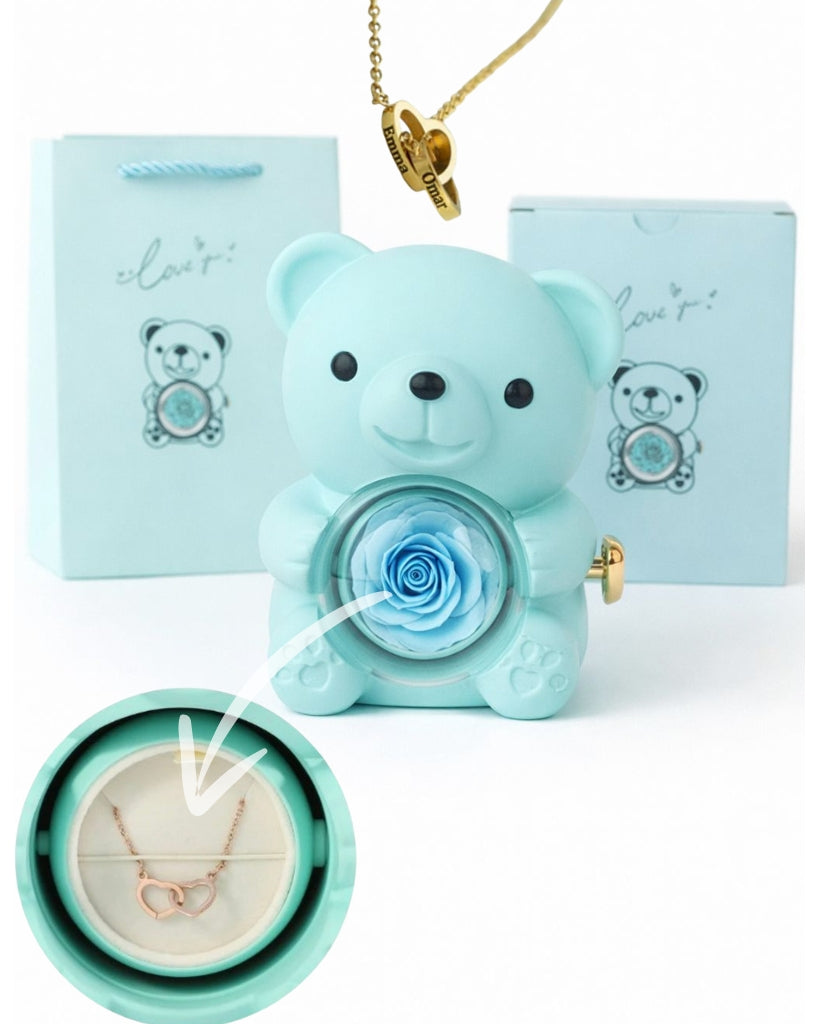 Ours Rose Éternelle et son Collier de Cœur Personnalisé