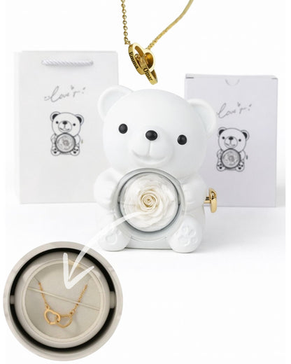 Ours Rose Éternelle et son Collier de Cœur Personnalisé