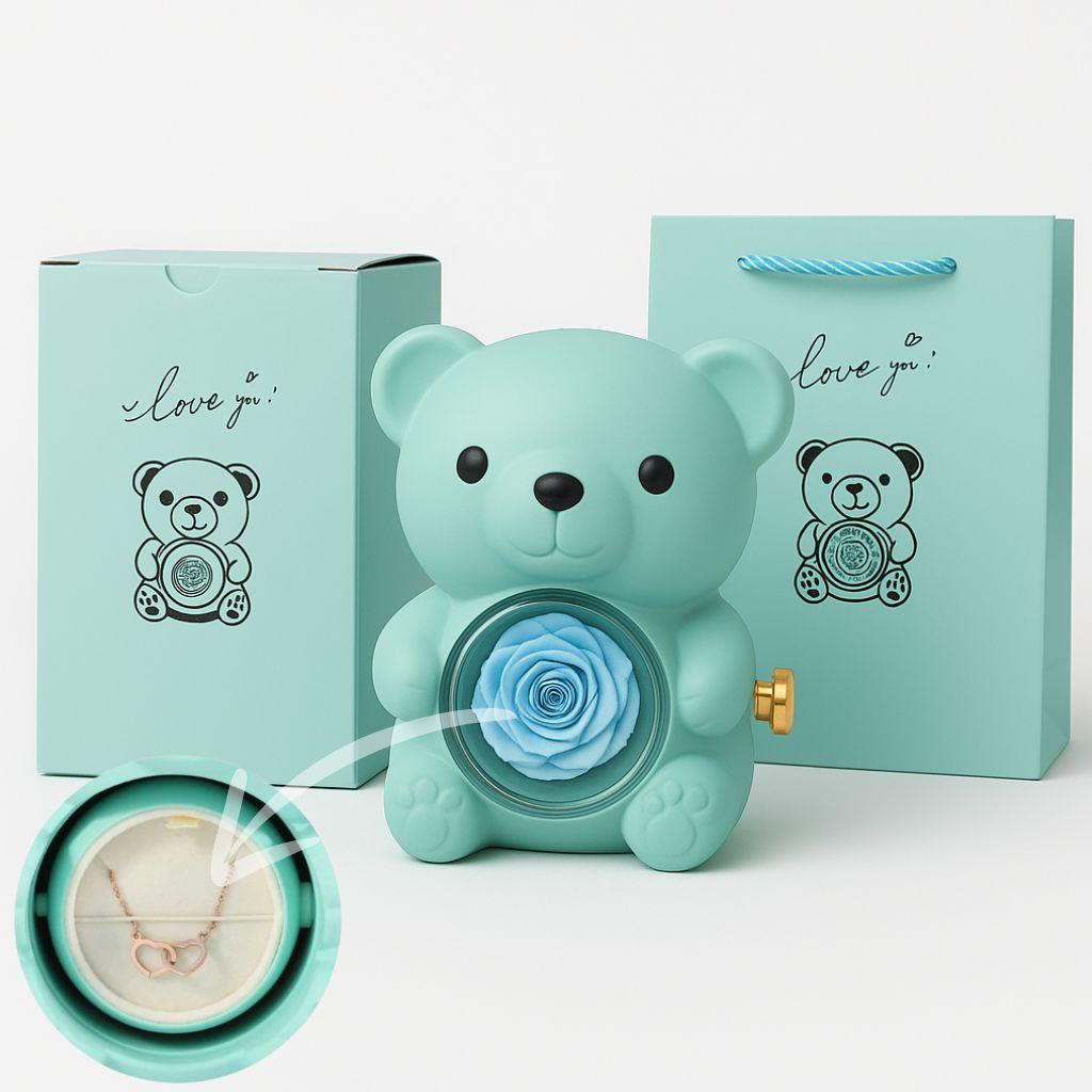 Ours Rose Éternelle et son Collier de 2 cœur lié