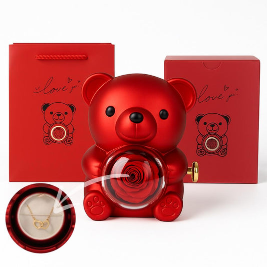 Ours Rose Éternelle et son Collier de 2 cœur lié