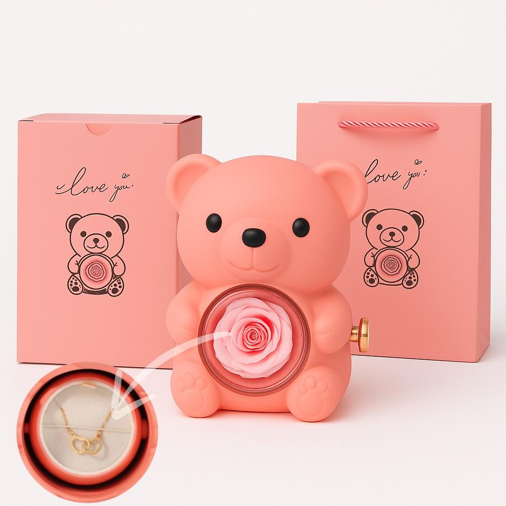 Ours Rose Éternelle et son Collier de 2 cœur lié
