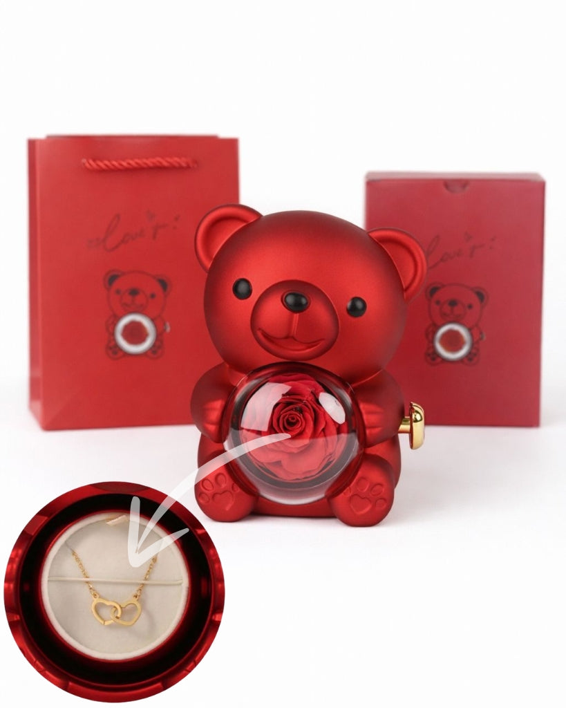 Ours Rose Éternelle et son Collier de Cœur Personnalisé