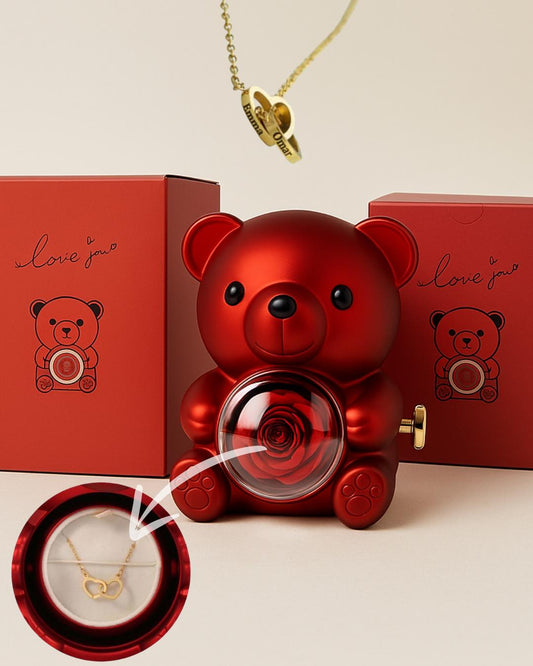Ours Rose Éternelle et son Collier de 2 cœur lié